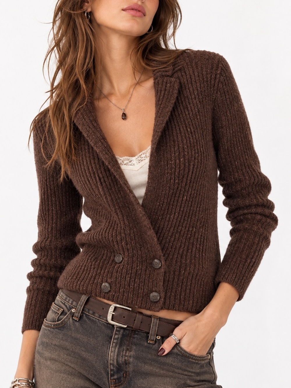 Vintage 90s E.V. Ltd.. Brown Chunky Ribbed Double-Breasted Cardigan Sweater | S